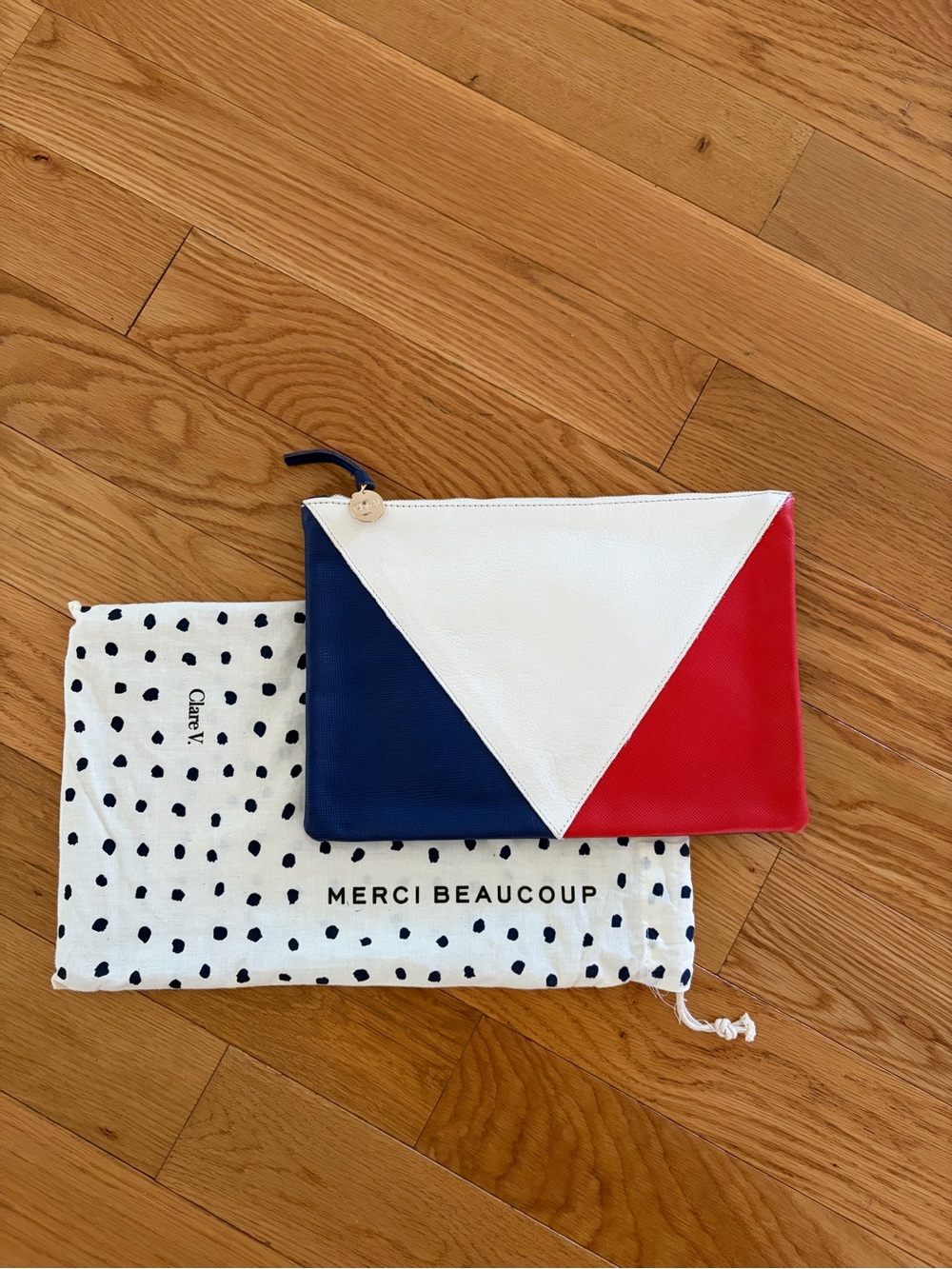 Clare V Tri-Panel Leather Clutch in Navy, White & Red